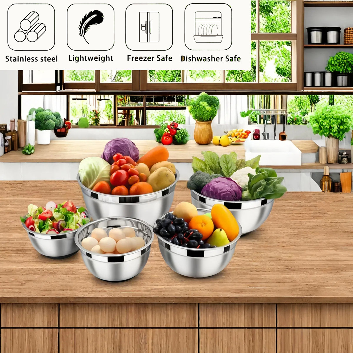 52-Piece Stainless Steel Cooking Utensil Set with 7-Piece Mixing Bowls with Lids Set & Salt and Pepper Grinder Set